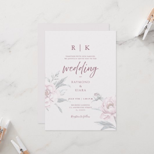 Elegant Minimal Dusky Pink Peony Floral Wedding  Einladung (Vorderseite/Rückseite Beispiel)