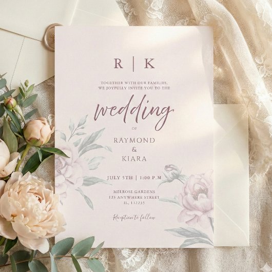 Elegant Minimal Dusky Pink Peony Floral Wedding  Einladung