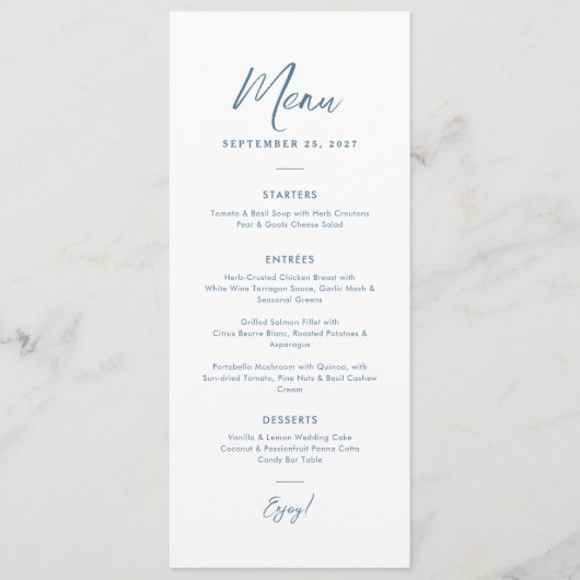 Elegant Minimal Dusty Blue Script Text Wedding Menükarte (Vorderseite)