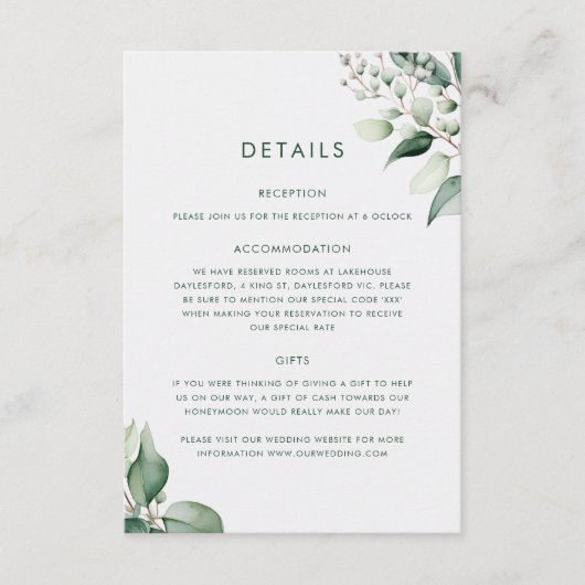Elegant Minimal Eukalyptus Greenery Wedding Begleitkarte (Vorderseite)