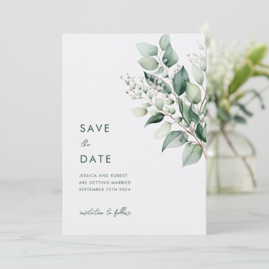 Elegant Minimal Eukalyptus Greenery Wedding Save The Date (Stehend Vorderseite)