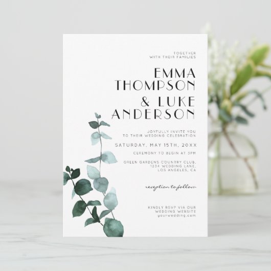 Elegant Minimal Eukalyptus Grüne Blätter Hochzeit Einladung (Stehend Vorderseite)