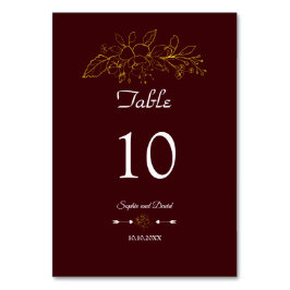 Elegant Minimal Gold Floral Deep Burgundy Wedding Tischnummer