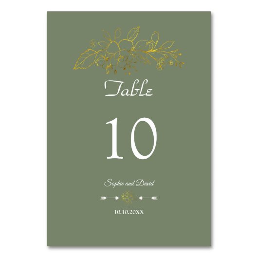Elegant Minimal Gold Floral Sage Green Wedding Tischnummer (Vorderseite)