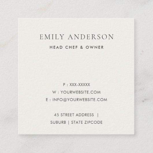 ELEGANT MINIMAL GRAU WEISS KOCH CATERING QUADRATISCHE VISITENKARTE (Rückseite)