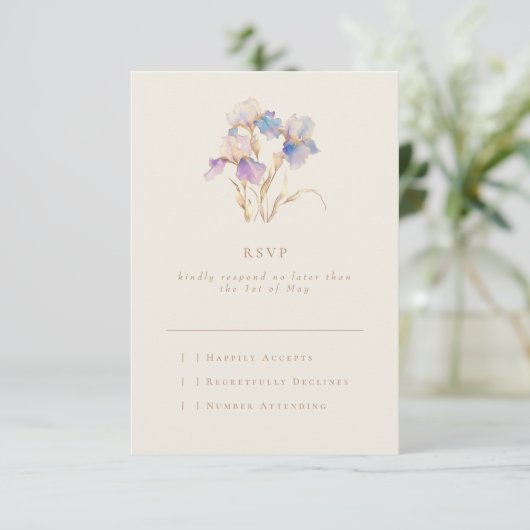 Elegant Minimal Iris Floral RSVP Karte (Stehend Vorderseite)