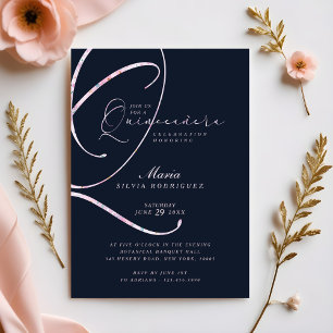 Elegant Minimal Navy & Pink Script Quinceañera Einladung