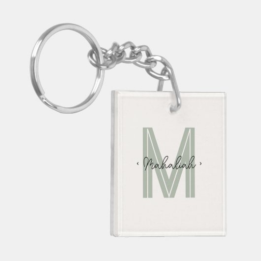 Elegant Minimal Sage Green Script Monogram Schlüsselanhänger (Vorderseite links)