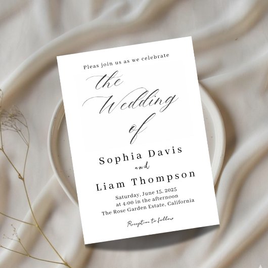 Elegant Minimal Script Black and White Wedding Inv Einladung
