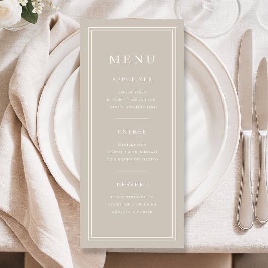 Elegant Minimal Taupe Dinner Menükarte