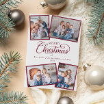 Elegant Minimal Weihnachts Script 4 Foto Burgundy Feiertagskarte<br><div class="desc">Diese einzigartige weihnachtliche Weihnachtskarte bietet 4 Fotovorlagen und eine elegante klassische Schrift-Kalligraphie mit einem beliebten bordeauxfarbenen und weißen Farbschema.</div>