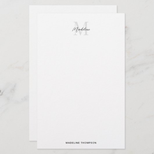 Elegant Minimal White Black Script Monogram Briefpapier (Vorne/Hinten)