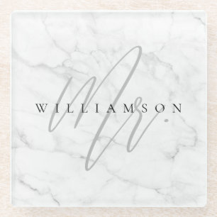 Elegant Minimal White Marble Mr. Script Custom Glasuntersetzer