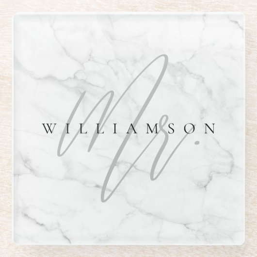 Elegant Minimal White Marble Mr. Script Custom Glasuntersetzer (Vorderseite)