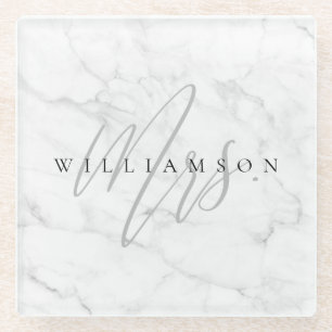 Elegant Minimal White Marmor Frau Script Custom Glasuntersetzer