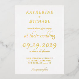 Elegant Minimal White Wedding Gold Folieneinladung