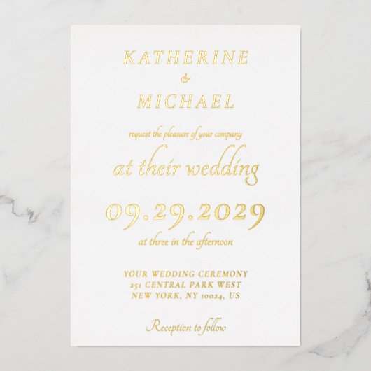 Elegant Minimal White Wedding Gold Folieneinladung (Vorderseite)