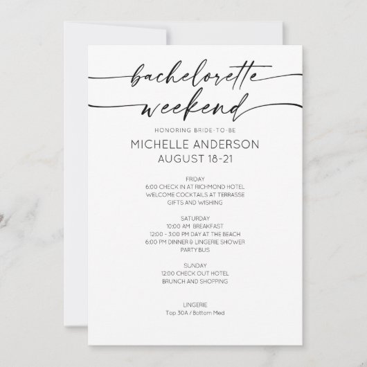 Elegant Minimalist Bachelorette Weekend Itinerary Einladung (Vorderseite)