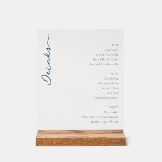 Elegant Minimalist Beverage Guide Blue Serif Acrylschild (Vorderseite)