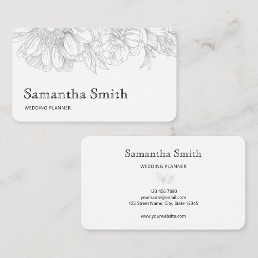 Elegant Minimalist Black Floral Line on White Visitenkarte (Vorne/Hinten)