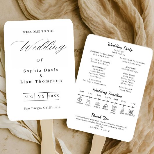 Elegant Minimalist Black White Wedding Program Fan Fächer