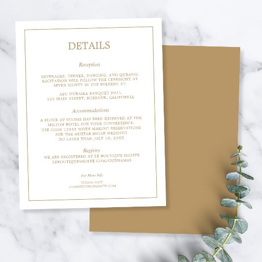 Elegant Minimalist Border Gold Wedding Details Begleitkarte