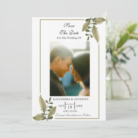 Elegant Minimalist Greenery Save The Date (Stehend Vorderseite)
