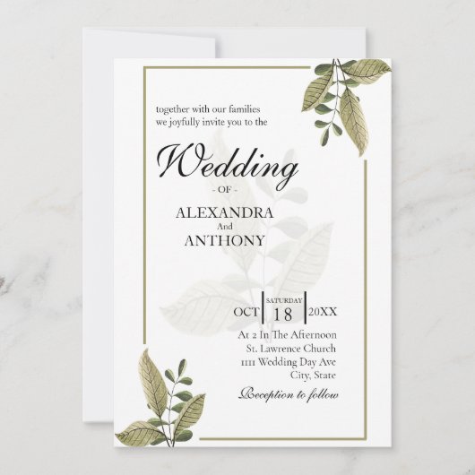 Elegant Minimalist Greenery Wedding Invitation Einladung (Vorderseite)