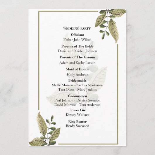 Elegant Minimalist Greenery Wedding Program Programm (Rückseite)