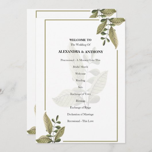 Elegant Minimalist Greenery Wedding Program Programm (Vorne/Hinten)
