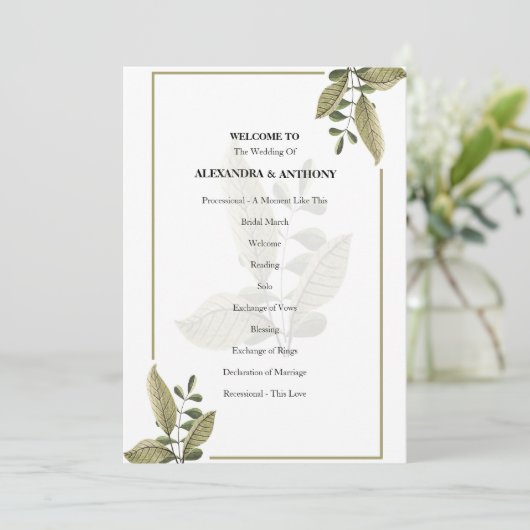 Elegant Minimalist Greenery Wedding Program Programm (Stehend Vorderseite)