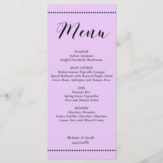 Elegant Minimalist Lavender Wedding Flat Menu Card Menükarte (Vorderseite)