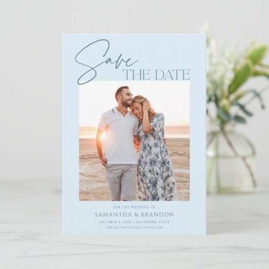 Elegant Minimalist Light Blue Photo Save The Date (Stehend Vorderseite)