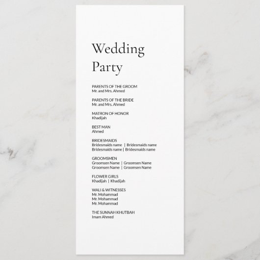 Elegant Minimalist Modern Islamic Wedding Program Programm (Rückseite)