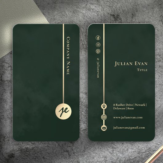 Elegant Minimalist Monogram Emerald Green & Gold Visitenkarte