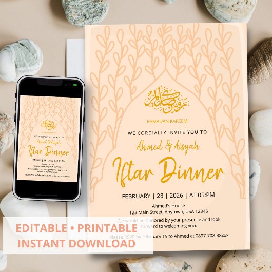 Elegant Minimalist Peach Floral Iftar Invitation Einladung