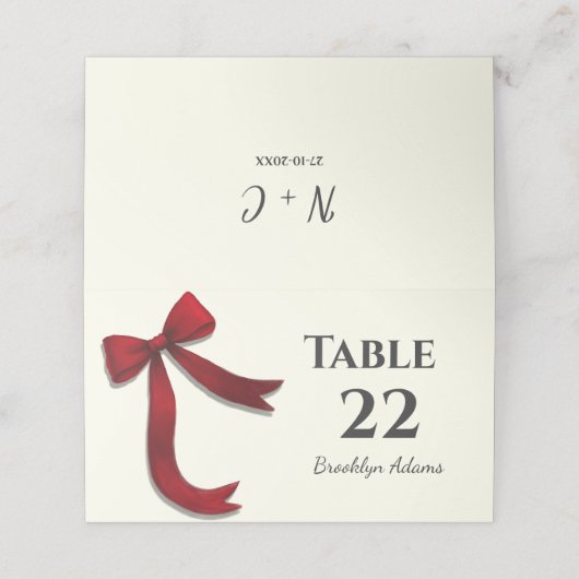 Elegant Minimalist Simple Red Bow Platzkarte (Außenseite Aufgefaltet)