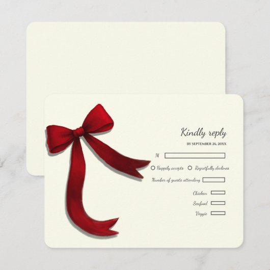 Elegant Minimalist Simple wedding red bow RSVP Car Karte (Vorne/Hinten)