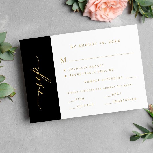 Elegant minimalist typography gold black wedding RSVP karte