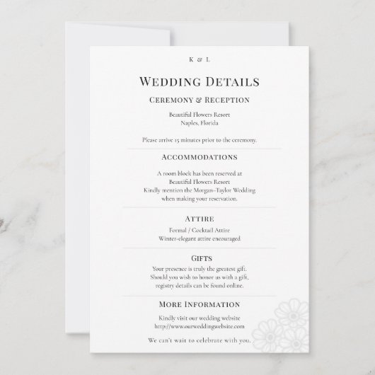 Elegant Minimalist Winter Wedding Details Card Einladung (Vorderseite)