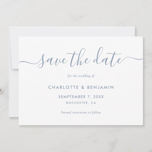 Elegant Minimalistisch Dusty Blue Save the Date (Vorderseite)