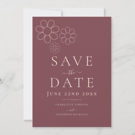 Elegant Minimalistisch Retro Daisy Burgundy Weddin Save The Date (Vorderseite)