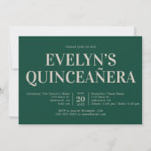 Elegant Minimalistisch Simple Quinceanera Emerald Einladung (Vorderseite)