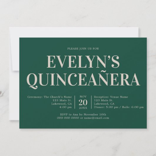 Elegant Minimalistisch Simple Quinceanera Emerald Einladung (Vorderseite)