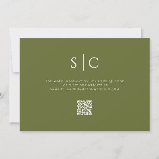 Elegant Minimalistisch Wedding Monogram QR Olive G Save The Date (Rückseite)