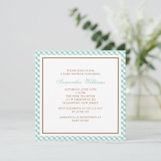 Elegant Mint Gingham Pattern Baby Shower Einladung (Stehend Vorderseite)