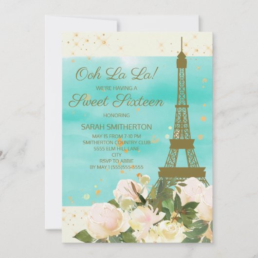 Elegant Mint Gold Eiffel Tower Paris Sweet 16 Einladung (Vorderseite)