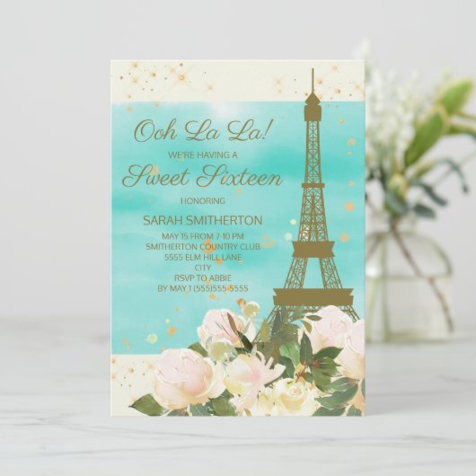 Elegant Mint Gold Eiffel Tower Paris Sweet 16 Einladung (Stehend Vorderseite)