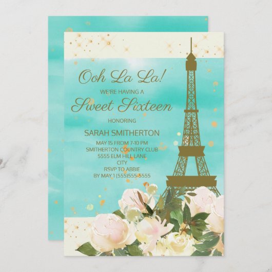 Elegant Mint Gold Eiffel Tower Paris Sweet 16 Einladung (Vorne/Hinten)