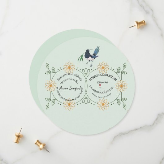 Elegant Mint Green & Botanical Bird Bridal Shower  Save The Date (Vorderseite/Rückseite Beispiel)